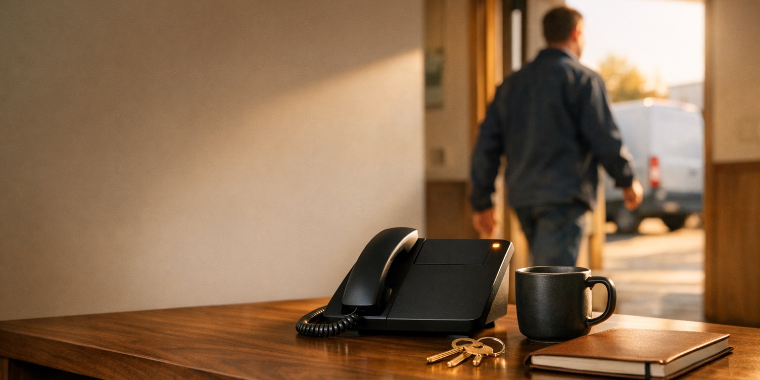 A walnut front desk in warm afternoon light with a black desk phone resting in its cradle, a mug and a closed notebook, while a person in a work jacket walks toward a sunlit service yard in the background.