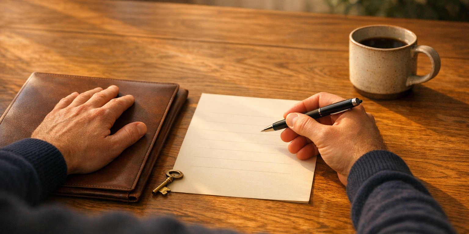 A business owner's hands at a sunlit wooden desk, pen poised over a blank sign-off sheet beside a closed folder and a mug, suggesting a careful approval.