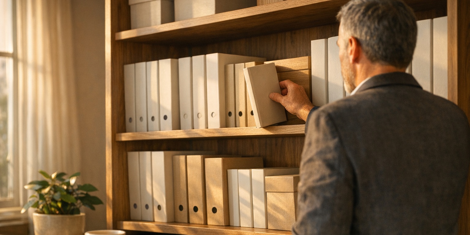 A business owner in a sunlit office placing a folder onto a neatly organized shelf of binders and file boxes.