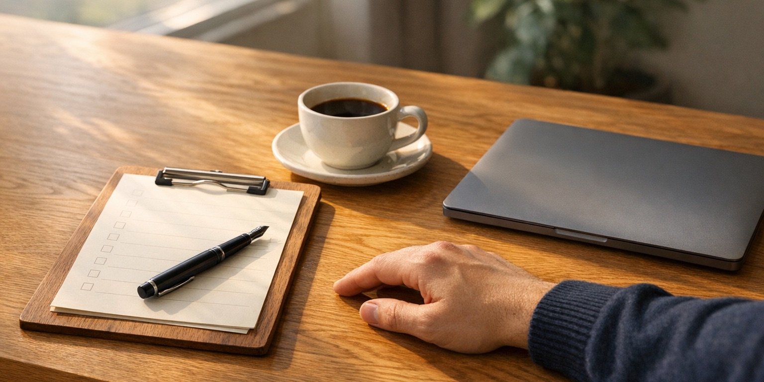 Photo of a wooden desk in warm morning light with a blank checklist on a clipboard, a pen, a cup of coffee, a closed laptop, and a person's hand resting beside them.
